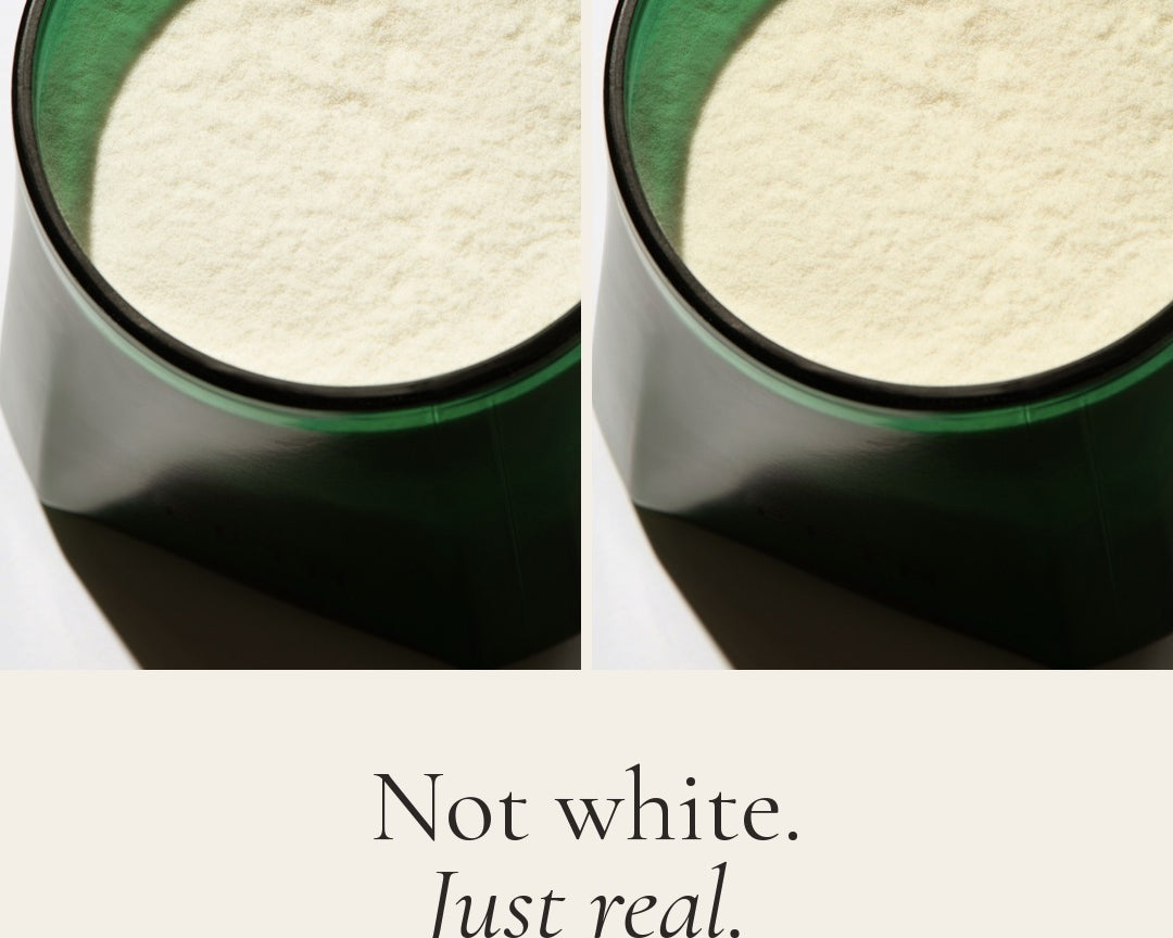 By Beth collagen side by side: the old bleached powder in bright white and the new unbleached powder in a warmer cream. Not white. Just real.
