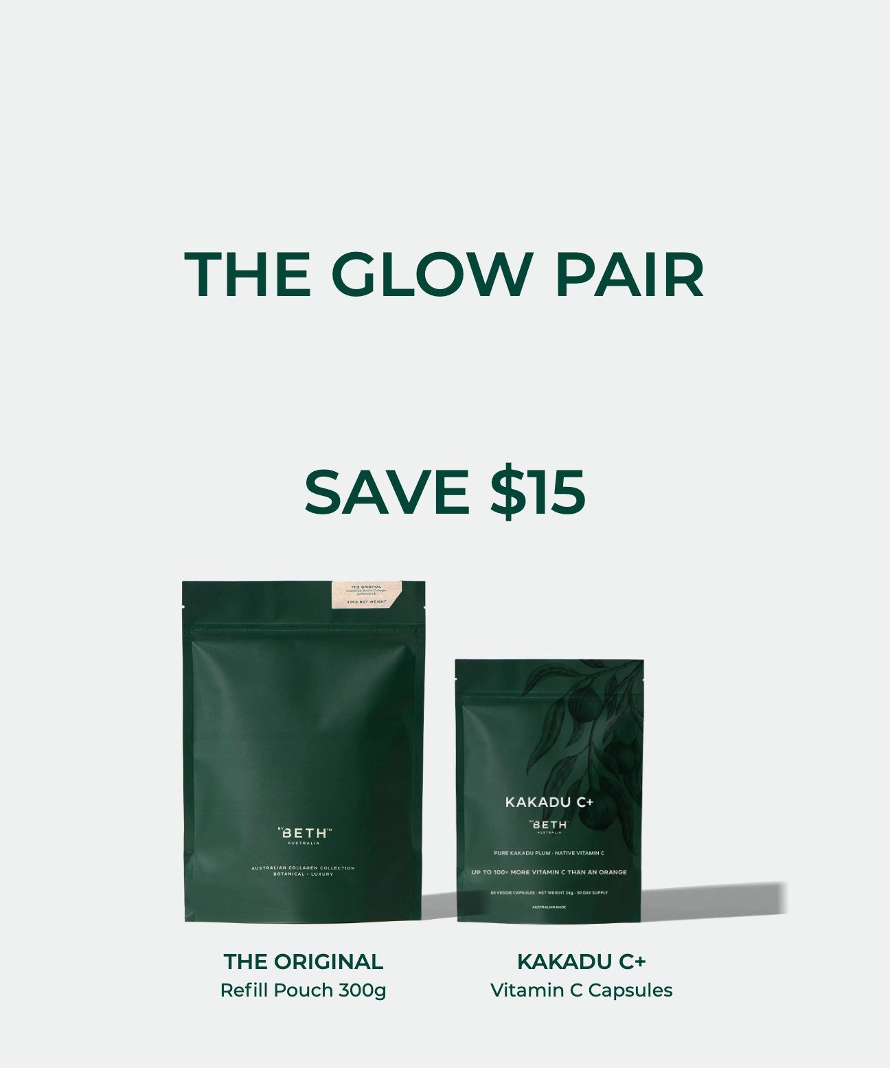 The Glow Pair bundle: The Original collagen refill pouch 300g and Kakadu C+ vitamin C capsules. Save $15