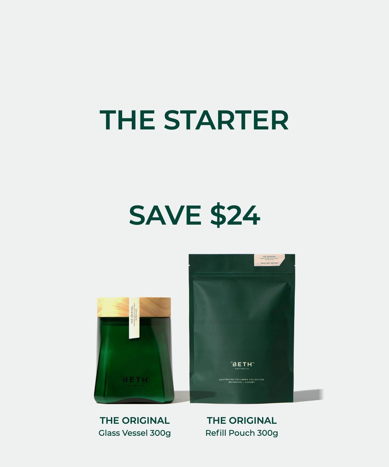 The Starter bundle: The Original collagen glass vessel 300g and refill pouch 300g. Save $24