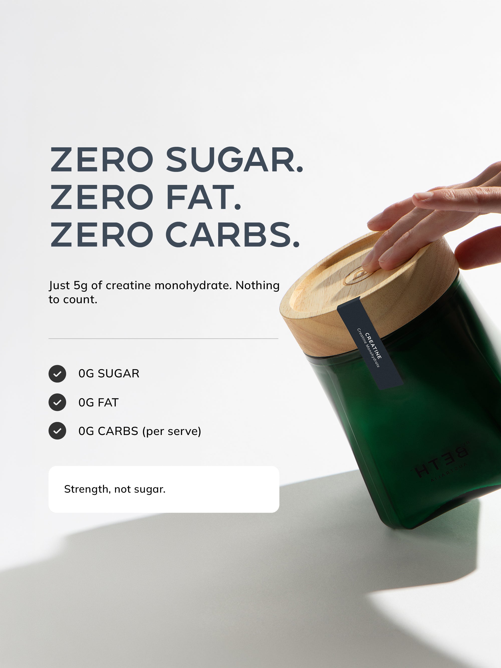 Zero sugar, zero fat, zero carbs per 5g serve